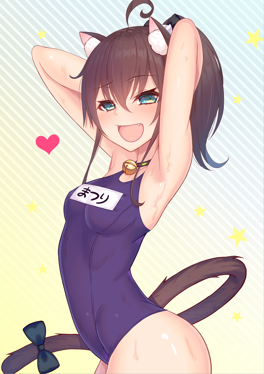 1girl :d ahoge animal_ear_fluff animal_ears arms_up bangs bare_arms bare_shoulders bell blue_eyes blue_swimsuit blush breasts brown_hair cat_ears cat_girl cat_tail diagonal-striped_background diagonal_stripes eyebrows_visible_through_hair fang hair_between_eyes hair_ornament heart high_ponytail highres hololive jingle_bell looking_at_viewer name_tag natsuiro_matsuri one-piece_swimsuit open_mouth ponytail school_swimsuit small_breasts smile solo star striped striped_background swimsuit tail virtual_youtuber yoshiheihe