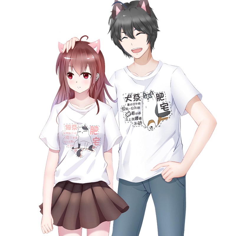 1boy 1girl ahoge animal_ears black_hair blush brown_hair brown_shirt cat_ears chinese_text closed_mouth copyright_request dog_ears hand_on_another's_head open_mouth otaku red_eyes shirt short_hair tagme white_background white_shirt