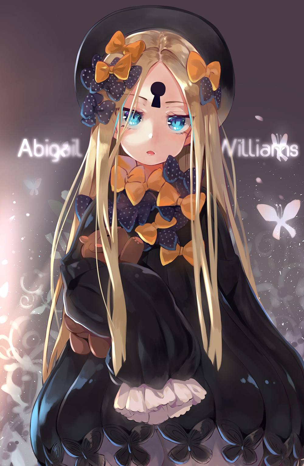 1girl abigail_williams_(fate/grand_order) bangs black_bow black_dress black_headwear blonde_hair blue_eyes blush bow bug butterfly character_name commentary_request dress fate/grand_order fate_(series) forehead hair_bow highres holding holding_stuffed_animal insect keyhole long_hair long_sleeves looking_at_viewer multiple_bows multiple_hair_bows orange_bow parted_bangs parted_lips polka_dot polka_dot_bow revision sleeves_past_fingers sleeves_past_wrists solo stuffed_animal stuffed_toy teddy_bear torieto very_long_hair