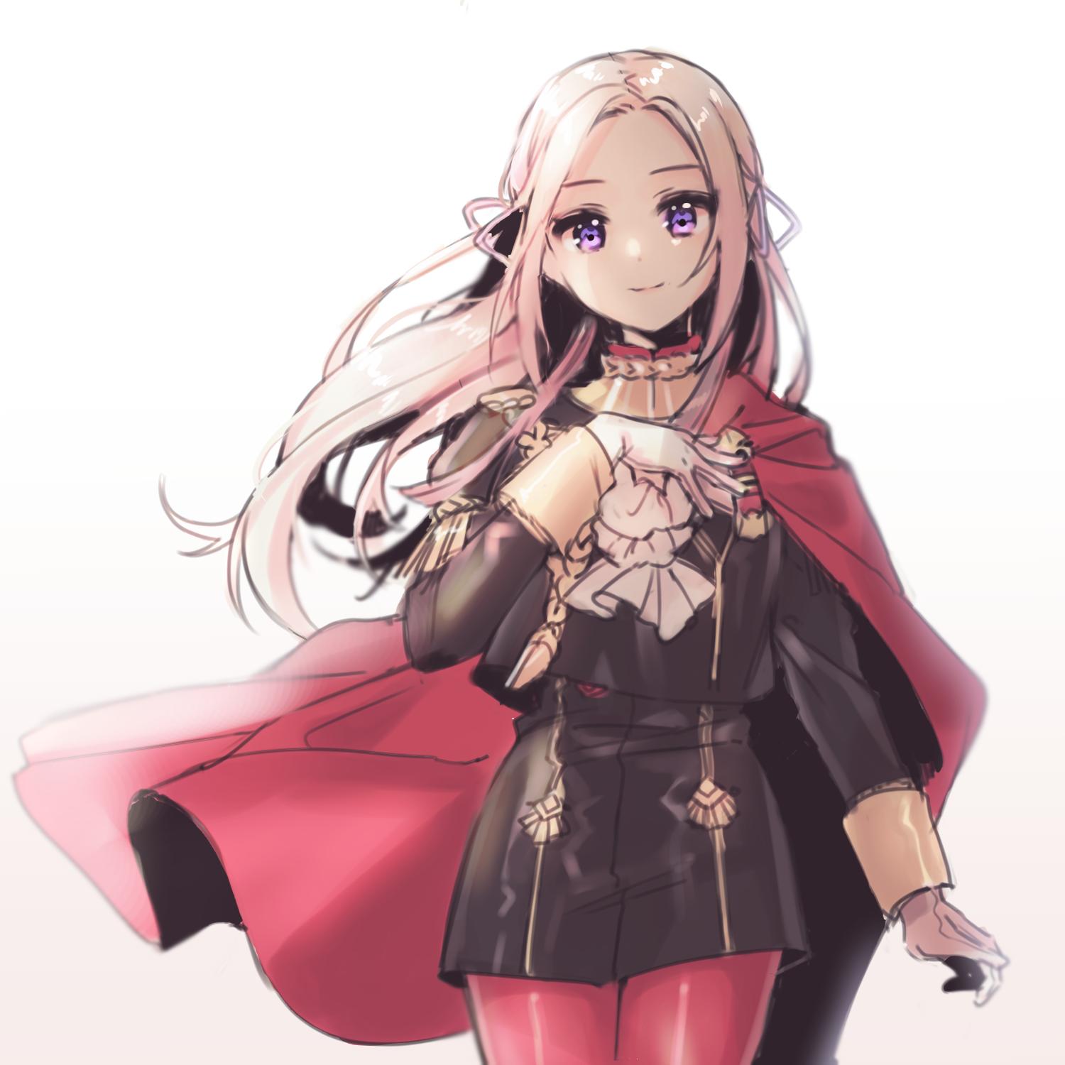 1girl artist_request axe blonde_hair blue_eyes cape cravat cute edelgard_von_hresvelg edelgard_von_hresvelgr_(fire_emblem) fire_emblem fire_emblem:_three_houses fire_emblem:_three_houses gloves hair_ornament hair_ribbon highres intelligent_systems koei_tecmo long_hair looking_at_viewer moe nintendo pantyhose red_cape ribbon simple_background smile solo uniform weapon white_background