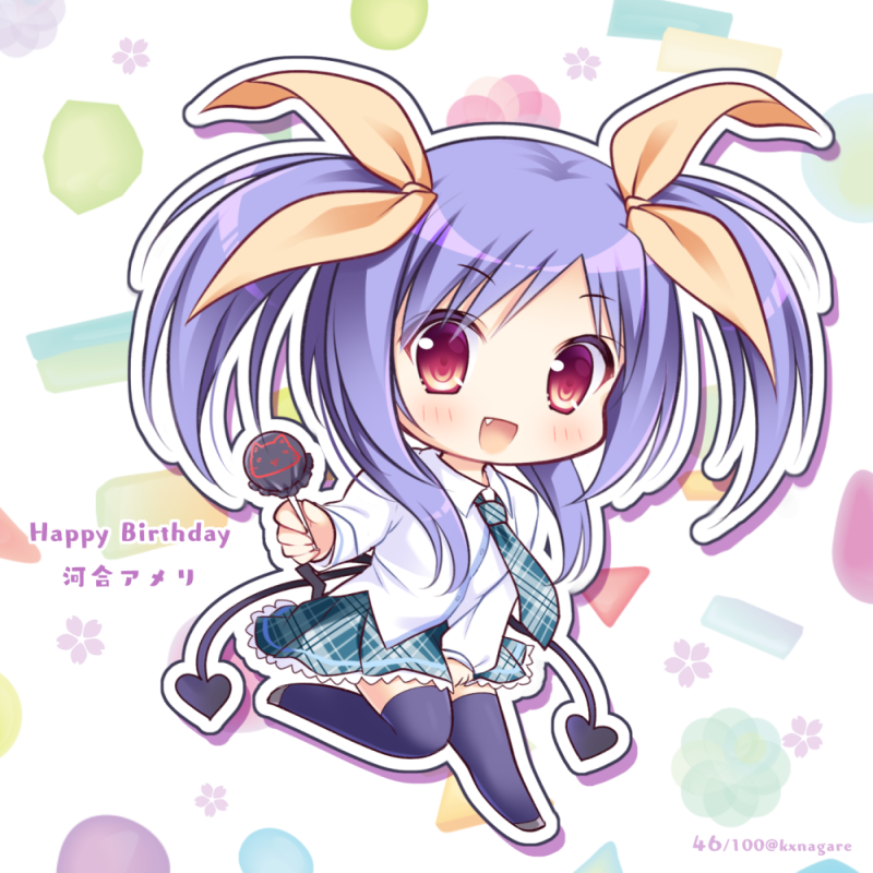 1girl :d bangs black_legwear blue_neckwear blue_skirt blush brown_ribbon candy character_name chibi collared_shirt commentary_request demon_tail dress_shirt eyebrows_visible_through_hair fang food full_body grey_footwear hair_ribbon happy_birthday holding holding_food holding_lollipop kawai_ameri lollipop long_hair looking_at_viewer open_mouth plaid plaid_neckwear plaid_skirt purple_hair red_eyes ribbon ryuuka_sane shirt sidelocks skirt smile solo tail tayutama thigh-highs twitter_username two_side_up white_shirt