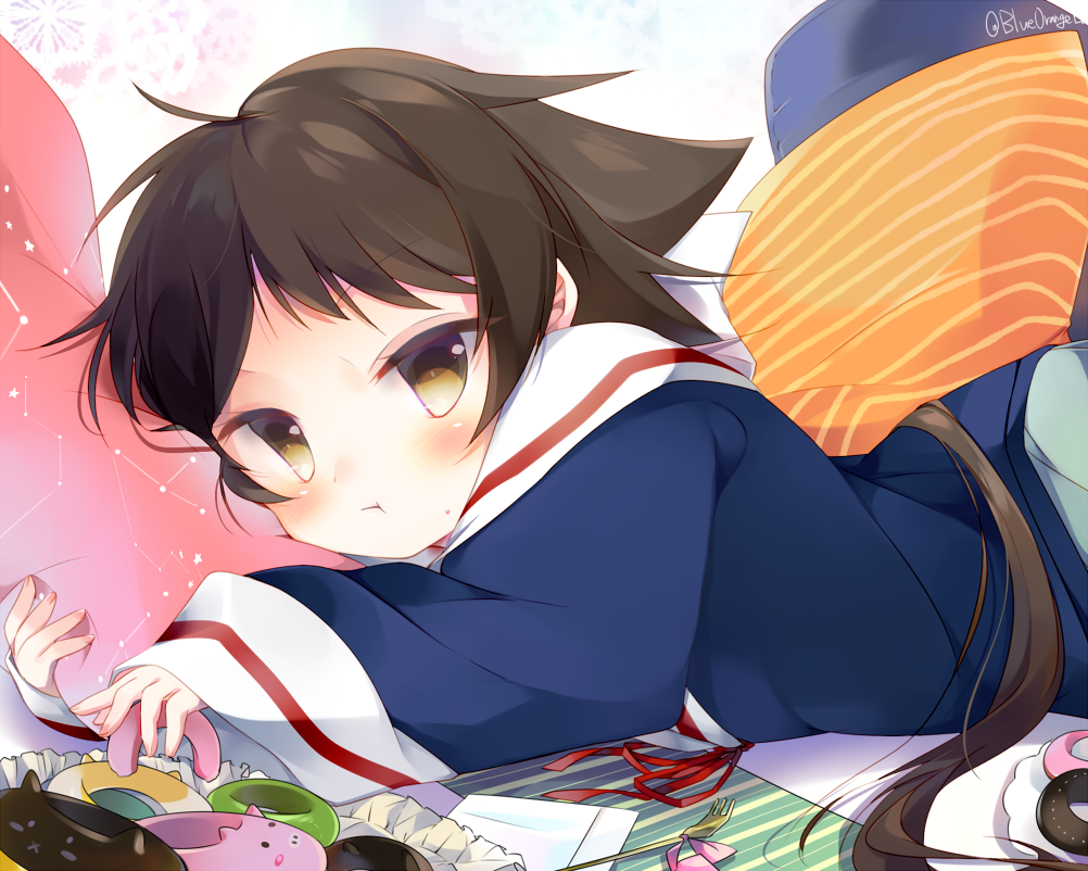 1girl :t aoi_(aoill_nby) blush brown_eyes brown_hair closed_mouth commentary_request constellation_print cushion doughnut eyebrows_visible_through_hair food fork from_side long_hair looking_at_viewer lying mikakunin_de_shinkoukei mitsumine_mashiro on_stomach pillow ponytail school_uniform serafuku sleeves_past_wrists solo twitter_username v-shaped_eyebrows very_long_hair