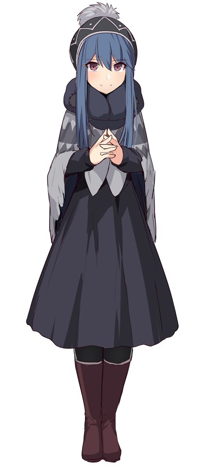 1girl black_eyes black_headwear black_skirt blue_hair boots brown_footwear character_request coat commentary_request eyebrows_visible_through_hair fate/grand_order fate_(series) full_body hair_between_eyes hands_together hat long_hair long_skirt long_sleeves looking_at_viewer shiseki_hirame simple_background skirt smile solo white_background winter_clothes