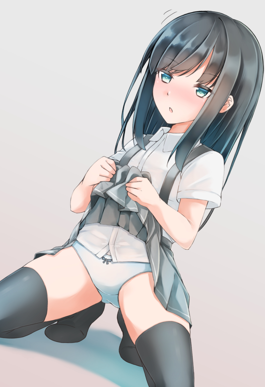 1girl asashio_(kantai_collection) black_hair black_legwear blue_eyes blush buttons collared_shirt comah embarrassed eyebrows_visible_through_hair flat_chest full_body grey_background highres kantai_collection lifted_by_self long_hair looking_at_viewer open_mouth panties pleated_skirt school_uniform shadow shirt short_sleeves simple_background skirt skirt_lift solo spread_legs squatting suspenders thigh-highs thighs underwear white_panties white_shirt