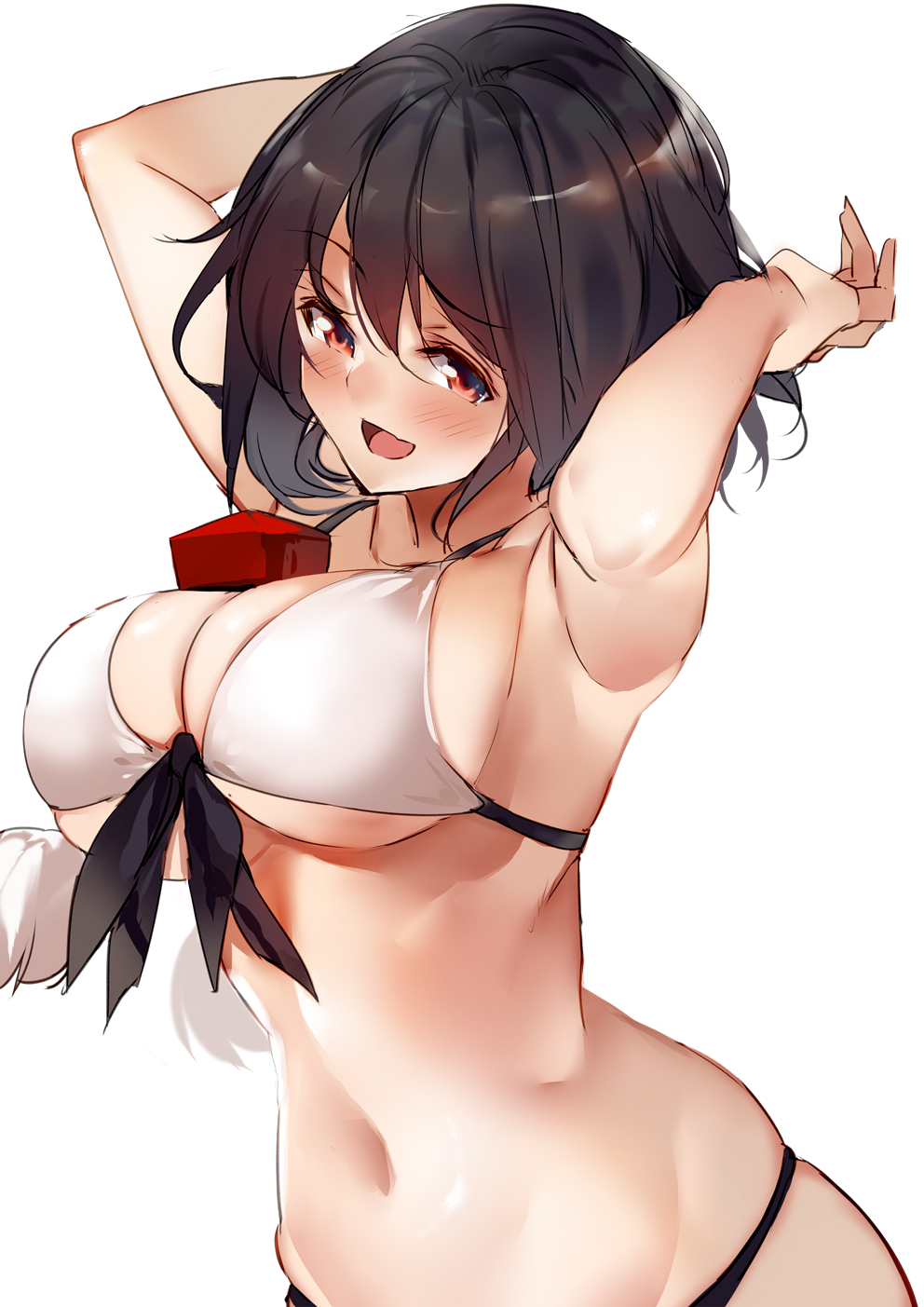 1girl :d armpits arms_up bangs bare_arms bare_shoulders bikini black_hair blush breasts commentary_request eyebrows_visible_through_hair front-tie_bikini front-tie_top groin hair_between_eyes hat hat_removed headwear_removed highres ken_(coffee_michikusa) large_breasts looking_at_viewer navel open_mouth pom_pom_(clothes) red_eyes shameimaru_aya short_hair simple_background smile solo stomach swimsuit tokin_hat touhou upper_body white_background white_bikini