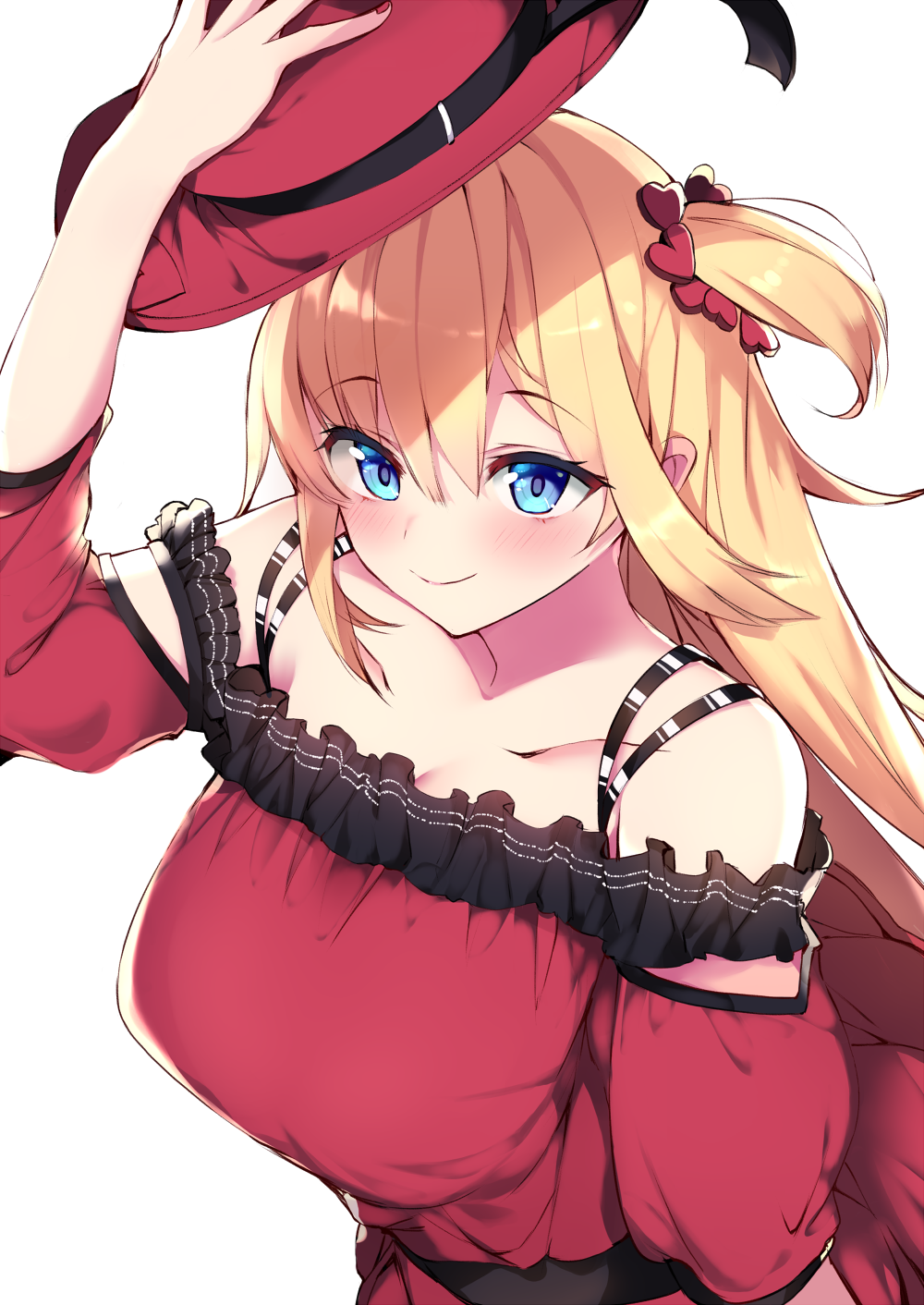 1girl akai_haato bangs blonde_hair blue_eyes blush breasts closed_mouth collarbone commentary detached_sleeves dress from_above hair_ornament haruyuki_(yukichasoba) hat heart heart_hair_ornament highres hololive large_breasts long_hair looking_at_viewer one_side_up puffy_short_sleeves puffy_sleeves red_dress red_headwear short_sleeves simple_background smile solo upper_body virtual_youtuber