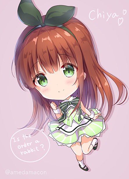 1girl amedamacon apron bangs bare_shoulders big_head black_footwear blush bow brown_hair character_name chibi closed_mouth commentary_request copyright_name eyebrows_visible_through_hair full_body gochuumon_wa_usagi_desu_ka? green_bow green_eyes green_hairband green_ribbon green_skirt green_vest hair_between_eyes hair_ribbon hairband heart long_hair ribbon shadow shoes skirt smile socks solo striped striped_bow twitter_username ujimatsu_chiya vertical-striped_skirt vertical_stripes very_long_hair vest waist_apron white_apron white_legwear wrist_cuffs