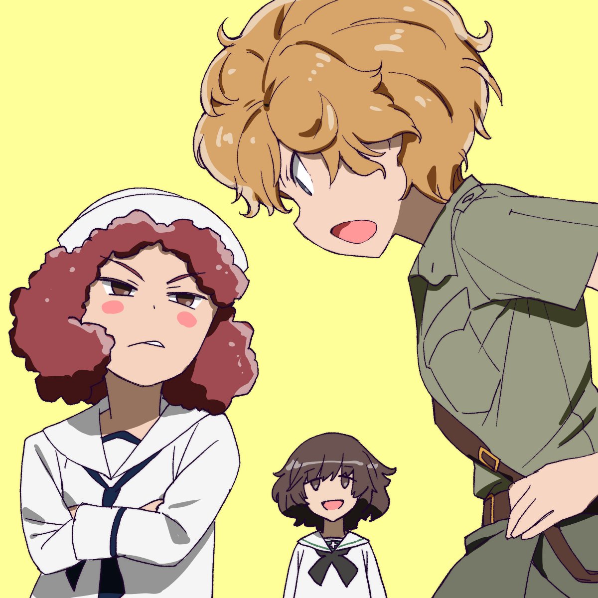 3girls :d akiyama_yukari bangs belt black_neckwear blouse blue_eyes blush_stickers brown_belt brown_eyes brown_hair closed_mouth collared_shirt commentary crossed_arms curly_hair dixie_cup_hat eyebrows_visible_through_hair frown girls_und_panzer glaring green_shirt green_shorts grimace hairstyle_connection half-closed_eyes hat highres kamonohashi_(girls_und_panzer) koala_forest_military_uniform leaning_forward long_sleeves looking_at_viewer messy_hair military_hat multiple_girls navy_blue_neckwear neckerchief onsen_tamago_(hs_egg) ooarai_naval_school_uniform ooarai_school_uniform open_mouth orange_hair red_eyes redhead rum_(girls_und_panzer) sailor sailor_collar sam_browne_belt school_uniform serafuku shirt short_hair short_sleeves shorts simple_background smile standing v-shaped_eyebrows white_blouse white_headwear yellow_background