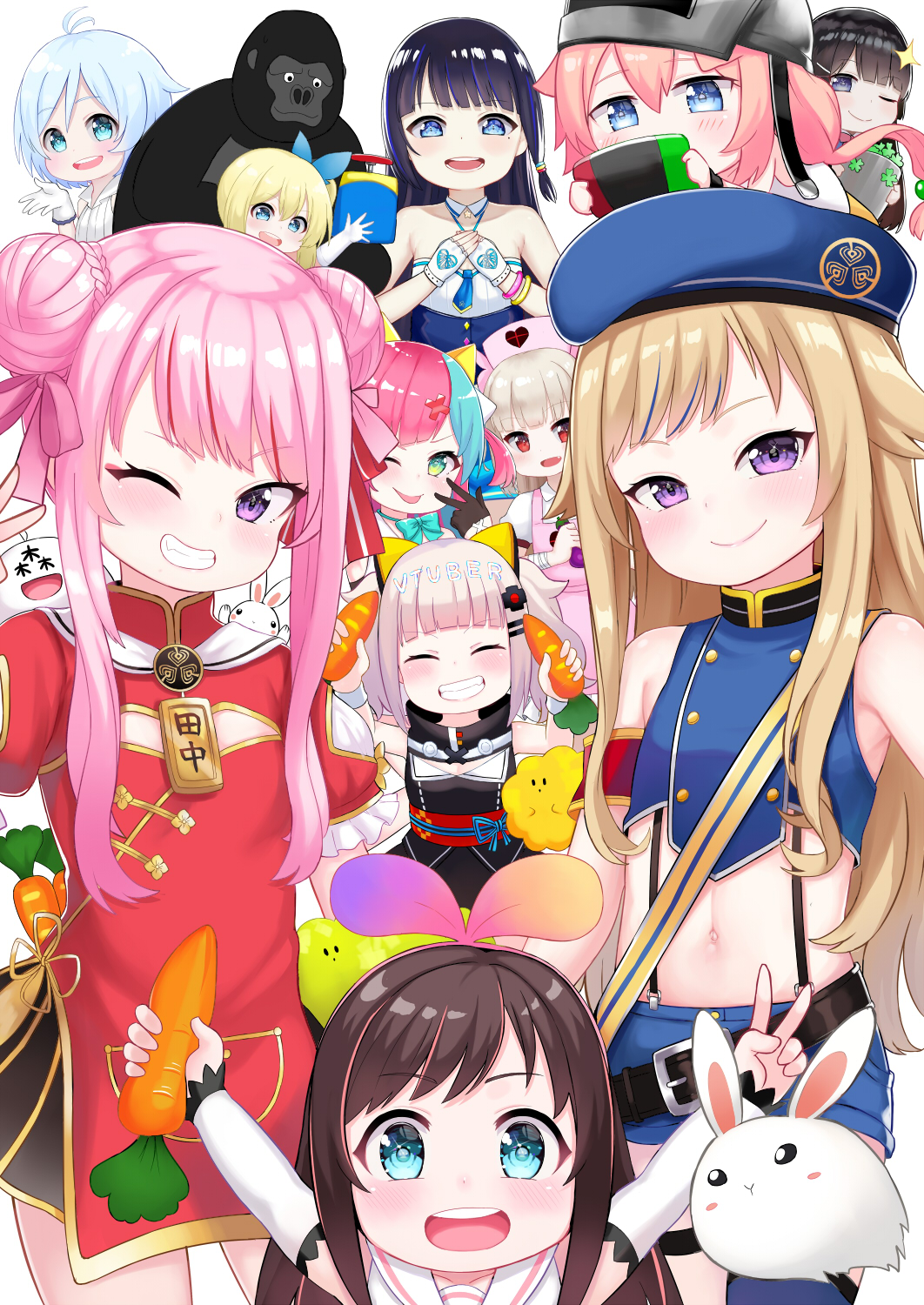 6+girls :d ;p \o/ ^_^ a.i._channel animal apron arm_up arms_up atg_(wttoo0202) bandaged_arm bandages bangs bare_arms bare_shoulders belt belt_buckle beret black_belt black_dress black_gloves black_hair blonde_hair blue_eyes blue_hair blue_headwear blue_ribbon blue_shirt blue_shorts blunt_bangs blush bow braid breasts brown_hair buckle carrot chibi china_dress chinese_clothes closed_eyes closed_mouth clover collar collared_shirt copyright_request crossover dennou_shoujo_youtuber_shiro detached_collar detached_sleeves double_bun dress eggplant eyebrows_visible_through_hair fang fingerless_gloves food four-leaf_clover gloves gorilla green_eyes grey_headwear grin hair_between_eyes hair_bow hair_ornament hair_ribbon hairclip half_gloves hat helmet highres himehina_channel hinata_channel holding holding_food holding_handheld_game_console holding_pot kaguya_luna kizuna_ai light_brown_hair long_hair long_sleeves midriff mirai_akari mirai_akari_project multicolored_hair multiple_crossover multiple_girls natori_sana navel nekomiya_hinata nijisanji nintendo_switch nurse_cap obi one_eye_closed open_mouth outstretched_arms pink_apron pink_bow pink_hair pink_headwear pinky_pop_hepburn pot puffy_short_sleeves puffy_sleeves rabbit red_dress red_eyes ribbon sailor_collar sana_channel sash shiro_(dennou_shoujo_youtuber_shiro) shirt short_shorts short_sleeves shorts side_ponytail sidelocks silver_hair simple_background sleeveless sleeveless_dress sleeveless_shirt small_breasts smile sparkle star streaked_hair suzuki_hina tanaka_hime the_moon_studio tongue tongue_out tsukino_mito twintails two-tone_hair v v-shaped_eyebrows very_long_hair violet_eyes virtual_gorilla virtual_gorilla_(character) virtual_youtuber white_background white_collar white_gloves white_sailor_collar white_shirt white_sleeves