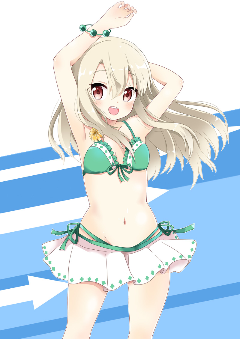 1girl :d arms_up bangs bare_shoulders bikini bikini_skirt blush bracelet breasts collarbone commentary_request directional_arrow eyebrows_visible_through_hair fate/kaleid_liner_prisma_illya fate_(series) floating_hair flower frilled_bikini_top frills front-tie_bikini front-tie_top green_bikini groin hair_between_eyes illyasviel_von_einzbern jewelry light_brown_hair long_hair looking_at_viewer massala navel open_mouth red_eyes round_teeth side-tie_bikini small_breasts smile solo swimsuit teeth upper_teeth very_long_hair yellow_flower