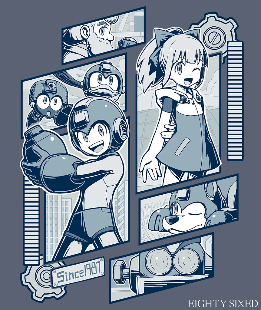 1girl 2boys arm_behind_back arm_cannon beard beat_(rockman) bird dog eddie_(rockman) facial_hair gears grey_theme greyscale kuroi_susumu looking_at_viewer monochrome multiple_boys one_eye_closed open_mouth profile rightot robot rockman rockman_(character) roll rush_(rockman) smile thomas_light weapon