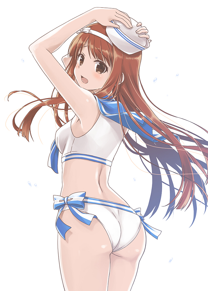 1girl ass blush breasts brown_eyes brown_hair cowboy_shot from_behind hairband hat idolmaster idolmaster_million_live! long_hair looking_at_viewer looking_back open_mouth sailor_bikini sailor_collar sailor_hat sailor_swimsuit_(idolmaster) skywaker small_breasts solo standing tanaka_kotoha white_background wind