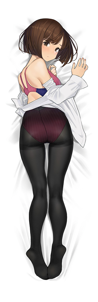 1girl ass bare_shoulders bed_sheet blush breasts brown_eyes brown_hair closed_mouth competition_swimsuit dakimakura eyebrows_visible_through_hair facing_viewer from_above from_behind full_body gusset lap_pillow long_sleeves looking_at_viewer lying miru_tights moegi_homi nail_polish no_shoes off_shoulder on_stomach one-piece_swimsuit open_clothes open_shirt pantyhose pantyhose_over_swimsuit pink_nails pink_swimsuit shirt short_hair small_breasts solo striped swimsuit swimsuit_under_clothes thighband_pantyhose vertical-striped_swimsuit vertical_stripes white_shirt yomu_(sgt_epper)