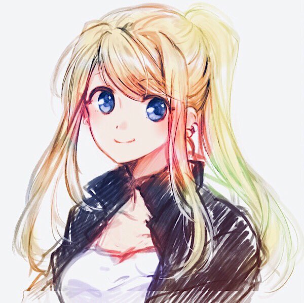 1girl arms_at_sides bangs black_jacket blonde_hair blue_eyes breasts collarbone earrings eyebrows_visible_through_hair eyelashes eyes_visible_through_hair fullmetal_alchemist grey_background happy jacket jewelry long_hair looking_back medium_breasts ponytail shirt simple_background smile solo tsukuda0310 upper_body white_shirt winry_rockbell