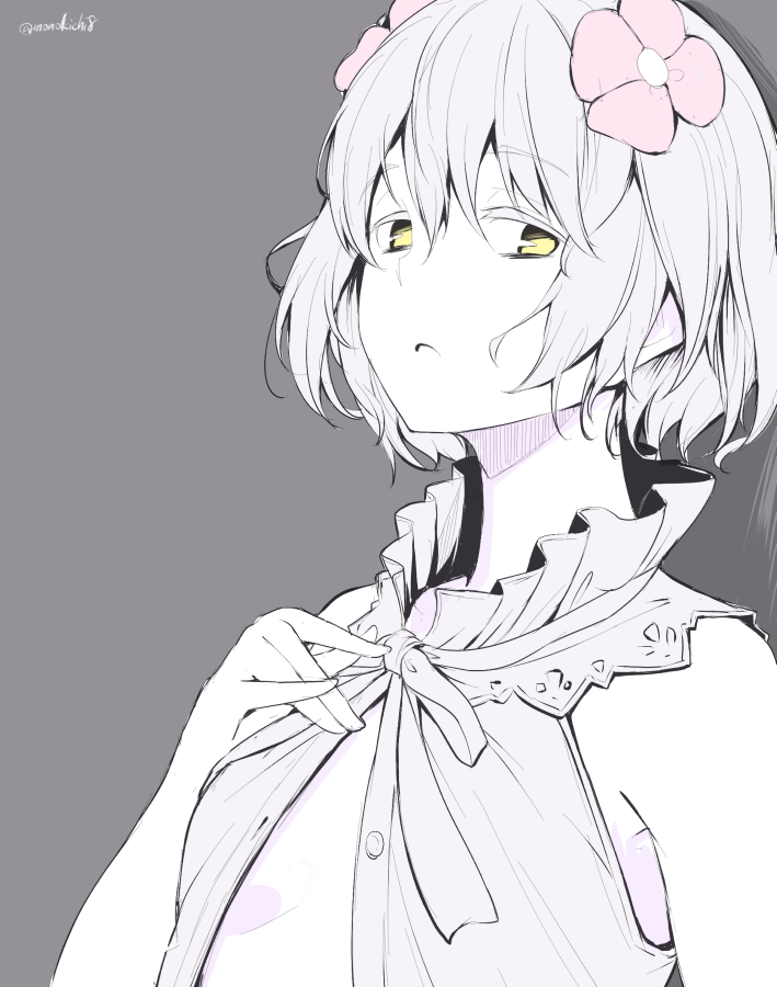1girl bare_shoulders flat_color flower grey_background hair_between_eyes hair_flower hair_ornament kichihachi kudou_chitose looking_at_viewer nijisanji open_clothes open_mouth open_shirt parted_lips pink_flower ribbon short_hair simple_background sketch sleeveless solo twitter_username upper_body virtual_youtuber wavy_hair white_hair yellow_eyes