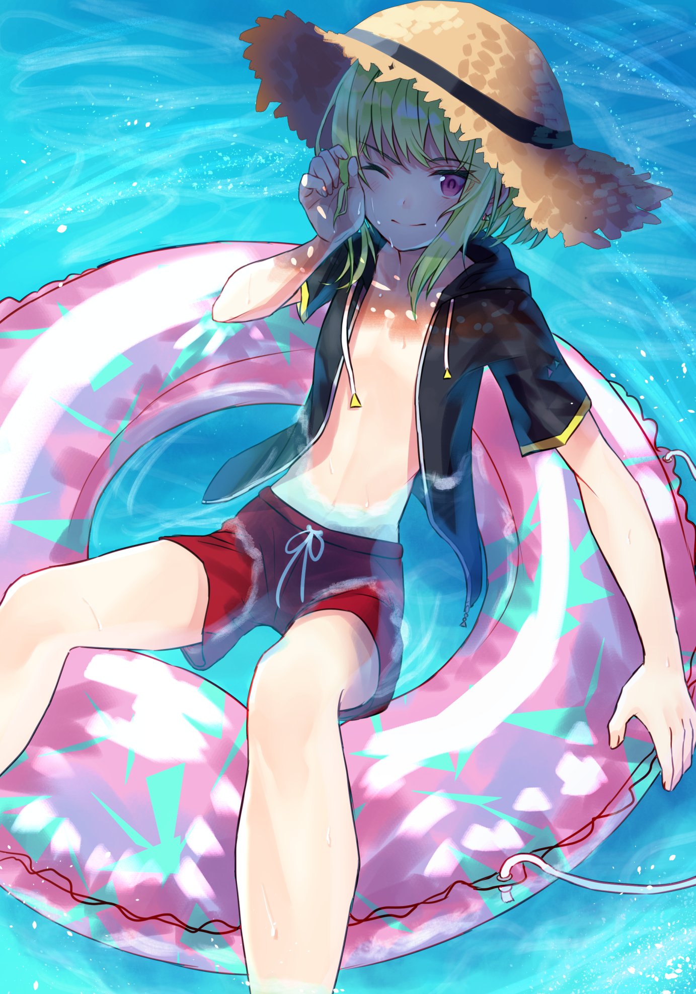 barefoot blonde_hair blush chest hat highres jacket kyuui_d lio_fotia long_hair looking_at_viewer male_focus navel one_eye_closed promare shorts simple_background smile solo swimsuit water