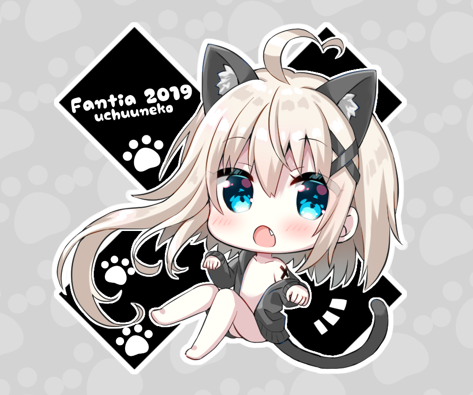 1girl 2019 :o animal_ear_fluff animal_ears artist_name asymmetrical_hair bangs bare_legs barefoot blonde_hair blue_eyes blush cat_ears cat_girl cat_tail chibi collarbone commentary_request eyebrows_visible_through_hair fang grey_background grey_jacket hair_between_eyes hood hood_down hooded_jacket jacket kemonomimi_mode long_hair long_sleeves looking_at_viewer naked_coat no_nipples off_shoulder open_clothes open_jacket open_mouth original paw_background sleeves_past_wrists solo tail tia-chan uchuuneko very_long_hair