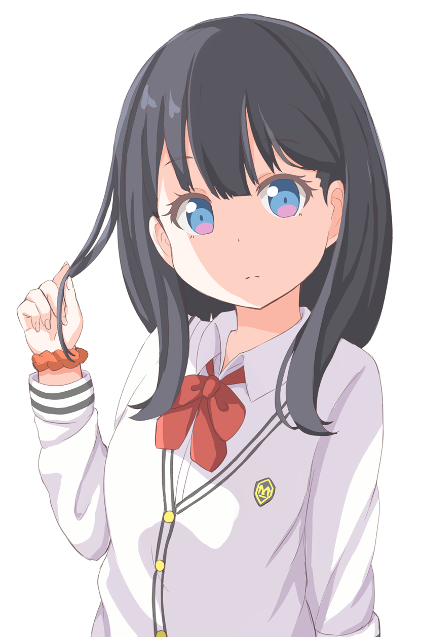 1girl bangs black_hair blue_eyes bow brown_scrunchie cardigan closed_mouth collared_shirt dress_shirt eyebrows_visible_through_hair fingernails hair_between_eyes hand_up highres keiran_(ryo170) long_hair looking_at_viewer red_bow scrunchie shirt solo ssss.gridman takarada_rikka upper_body white_cardigan white_shirt wrist_scrunchie