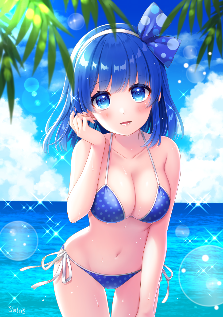 1girl ao_no_rupika artist_name beatmania beatmania_iidx bikini blue_bikini blue_hair blue_ribbon blurry blush breasts clouds collarbone commentary_request cowboy_shot day depth_of_field eyebrows_visible_through_hair hair_ribbon hairband head_tilt highres large_breasts leaning_forward lens_flare looking_at_viewer outdoors parted_lips plant polka_dot polka_dot_bikini ribbon side-tie_bikini sky smile solo sparkle stardrop swimsuit water