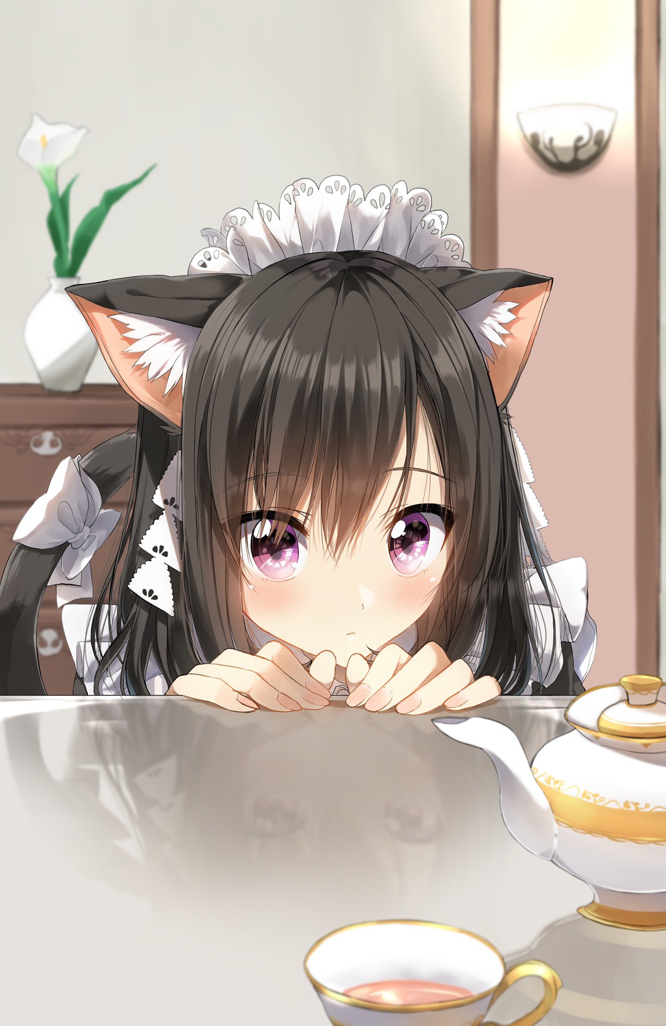 1girl animal_ear_fluff animal_ears bangs blush bow brown_hair cat_ears cat_girl cat_tail closed_mouth commentary_request cup eyebrows_visible_through_hair fingernails flower frills hair_between_eyes highres indoors long_hair looking_at_viewer maid maid_headdress original pentagon_(railgun_ky1206) reflection solo table tail tail_bow tea teacup teapot upper_body vase violet_eyes white_bow white_flower
