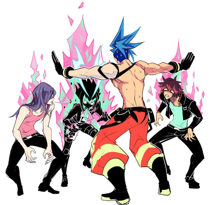 3boys baggy_pants black_gloves black_jacket blue_hair cravat denim fire galo_thymos gloves gueira hair_over_one_eye half_gloves jacket jeans jurassic_world lio_fotia long_hair mad_burnish male_focus manbou_no_ane meis_(promare) meme multiple_boys outstretched_arms pants parody prattkeeping promare redhead shirt shirtless spiky_hair