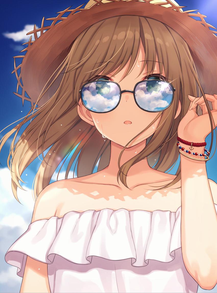 1girl bare_shoulders black-framed_eyewear blue_sky bracelet brown_hair brown_headwear clouds cloudy_sky collarbone commentary_request day glint green_eyes hand_up hat jewelry long_hair looking_at_viewer nagisa3710 off-shoulder_shirt off_shoulder original parted_lips reflection shirt sidelocks sky solo straw_hat sunglasses sunlight sweat upper_body white_shirt wind