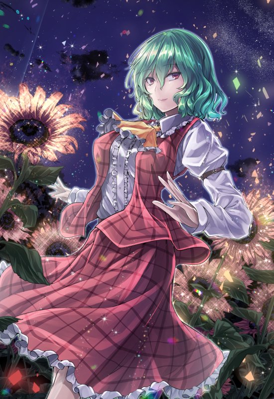 1girl ascot bangs breasts center_frills clouds commentary_request confetti dutch_angle eyebrows_visible_through_hair feet_out_of_frame field flower flower_field frilled_ascot frilled_shirt_collar frills green_hair hair_between_eyes juliet_sleeves kazami_yuuka large_breasts long_sleeves looking_at_viewer night night_sky petticoat plaid plaid_skirt plaid_vest puffy_sleeves red_eyes red_skirt red_vest shirt short_hair skirt skirt_set sky smile solo standing sunflower touhou vest white_shirt y2 yellow_neckwear