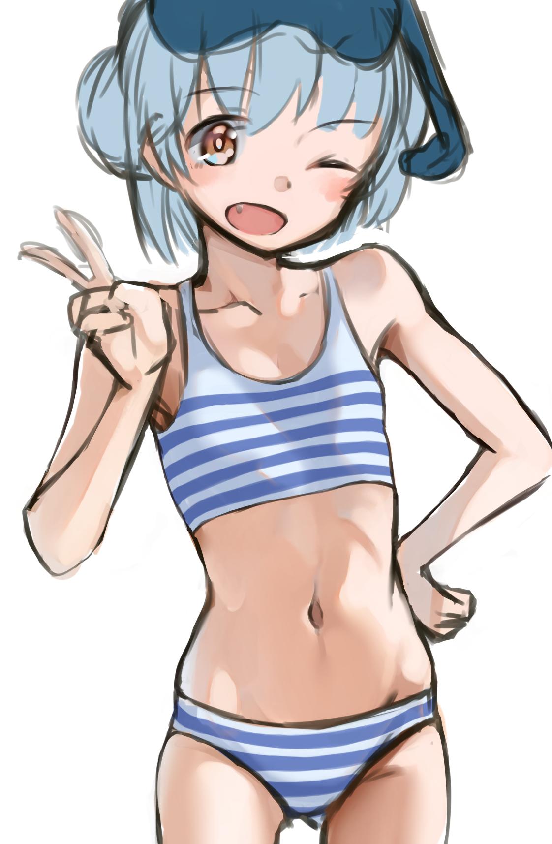 1girl bikini blue_hair collarbone commentary_request cowboy_shot double_bun eyewear_on_head flat_chest hand_on_hip highres kabayaki_namazu kantai_collection looking_at_viewer navel one_eye_closed samuel_b._roberts_(kantai_collection) short_hair simple_background solo striped striped_bikini sunglasses swimsuit v white_background work_in_progress yellow_eyes