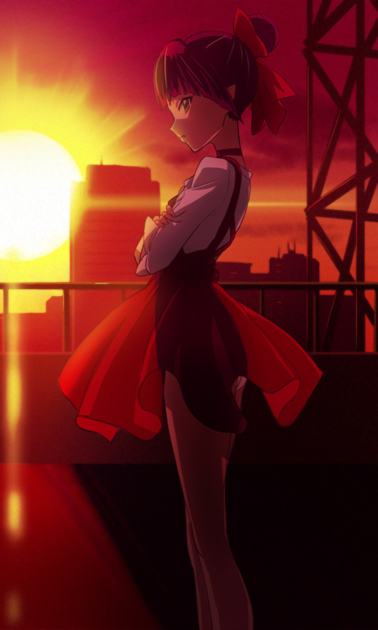 1girl bow choker crossed_arms dress gegege_no_kitarou hair_bow hair_bun haruyama_kazunori long_sleeves looking_at_viewer nekomusume nekomusume_(gegege_no_kitarou_6) outdoors panties pouncing profile purple_hair red_bow red_choker red_dress shirt short_hair solo standing sun underwear white_panties white_shirt