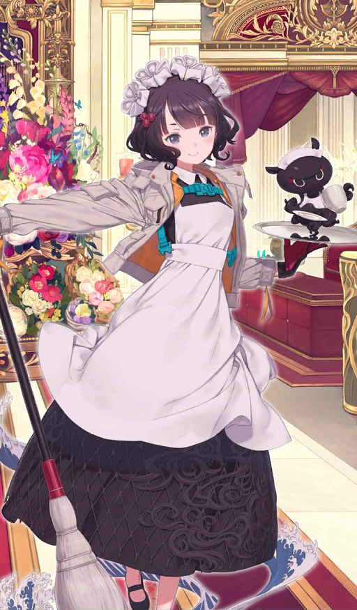 1girl alternate_costume apron black_dress black_footwear blush broom commentary_request cup dress enmaided fate/grand_order fate_(series) flower gloves grey_jacket hair_flower hair_ornament heroic_spirit_festival_outfit holding holding_broom holding_plate jacket katsushika_hokusai_(fate/grand_order) kuroboshi_kouhaku long_dress looking_at_viewer maid maid_apron maid_headdress octopus open_clothes open_jacket plate purple_hair red_gloves saucer short_hair smile tokitarou_(fate/grand_order) violet_eyes white_flower