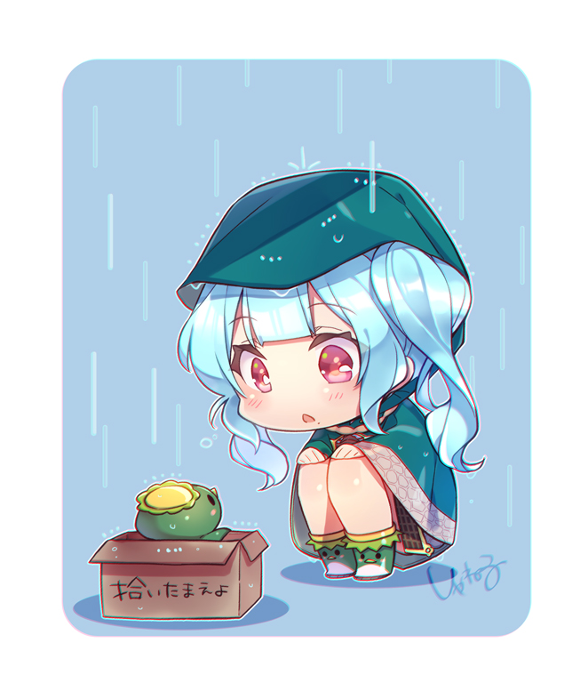 1girl blue_hair blush blush_stickers boots box cardboard_box chibi commentary_request eye_contact eyebrows_visible_through_hair hands_on_own_knees hood kappa looking_at_another open_mouth oshiro_project oshiro_project_re pink_eyes rain raincoat sasahara_(oshiro_project) shaneru signature squatting translated