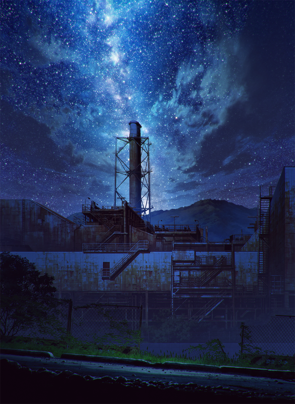 building chain-link_fence commentary_request damaged fence grass highres ladder mocha_(cotton) mountain night night_sky no_humans original outdoors railing road ruins rust scenery sky stairs star_(sky) starry_sky tree