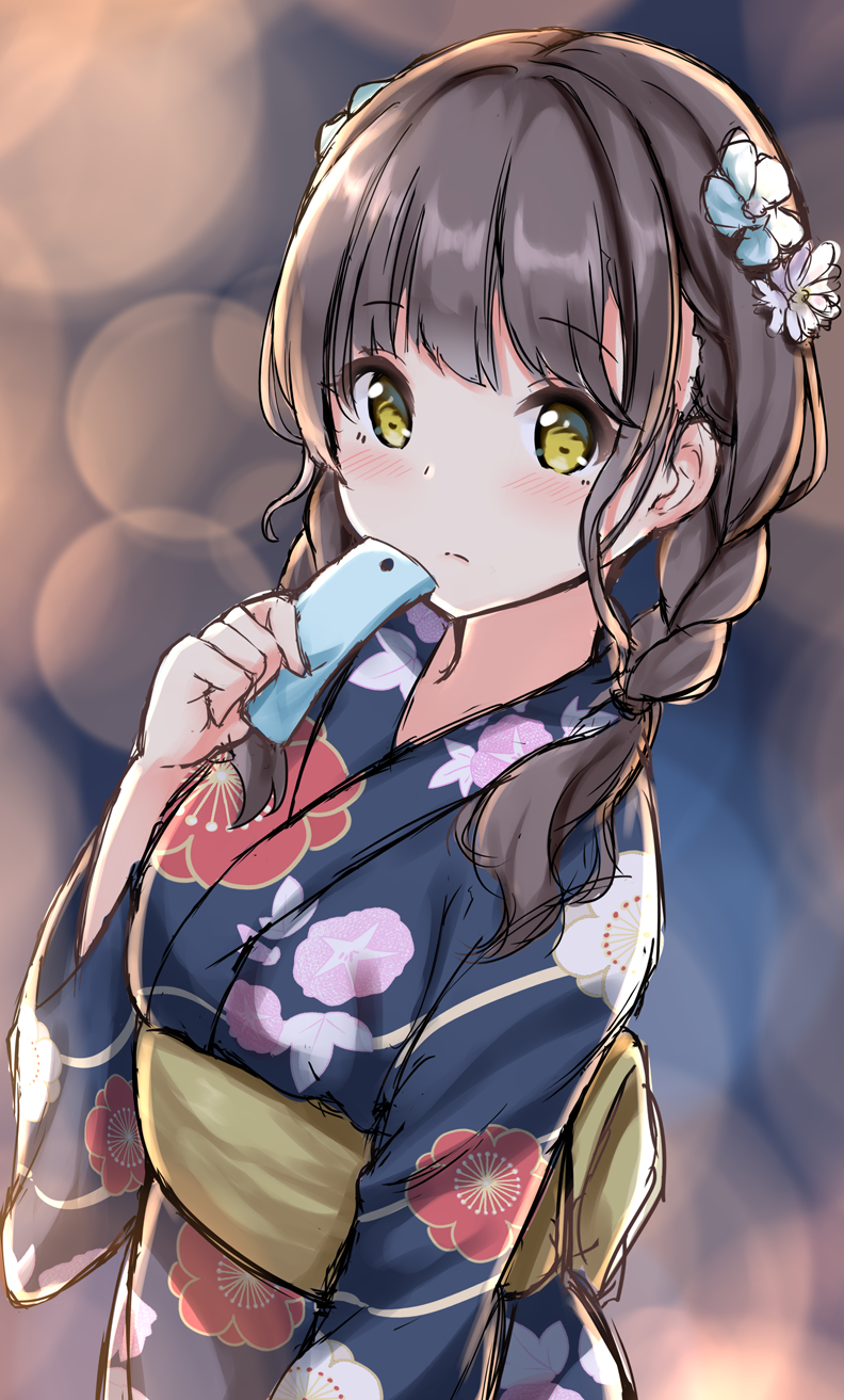 1girl bangs blue_flower blue_kimono blurry blurry_background blush braid breasts brown_eyes brown_hair closed_mouth depth_of_field eyebrows_visible_through_hair floral_print flower hair_flower hair_ornament hair_over_shoulder hand_up highres holding japanese_clothes keiran_(ryo170) kimono long_hair long_sleeves looking_at_viewer obi original print_kimono sash small_breasts solo twin_braids white_flower wide_sleeves