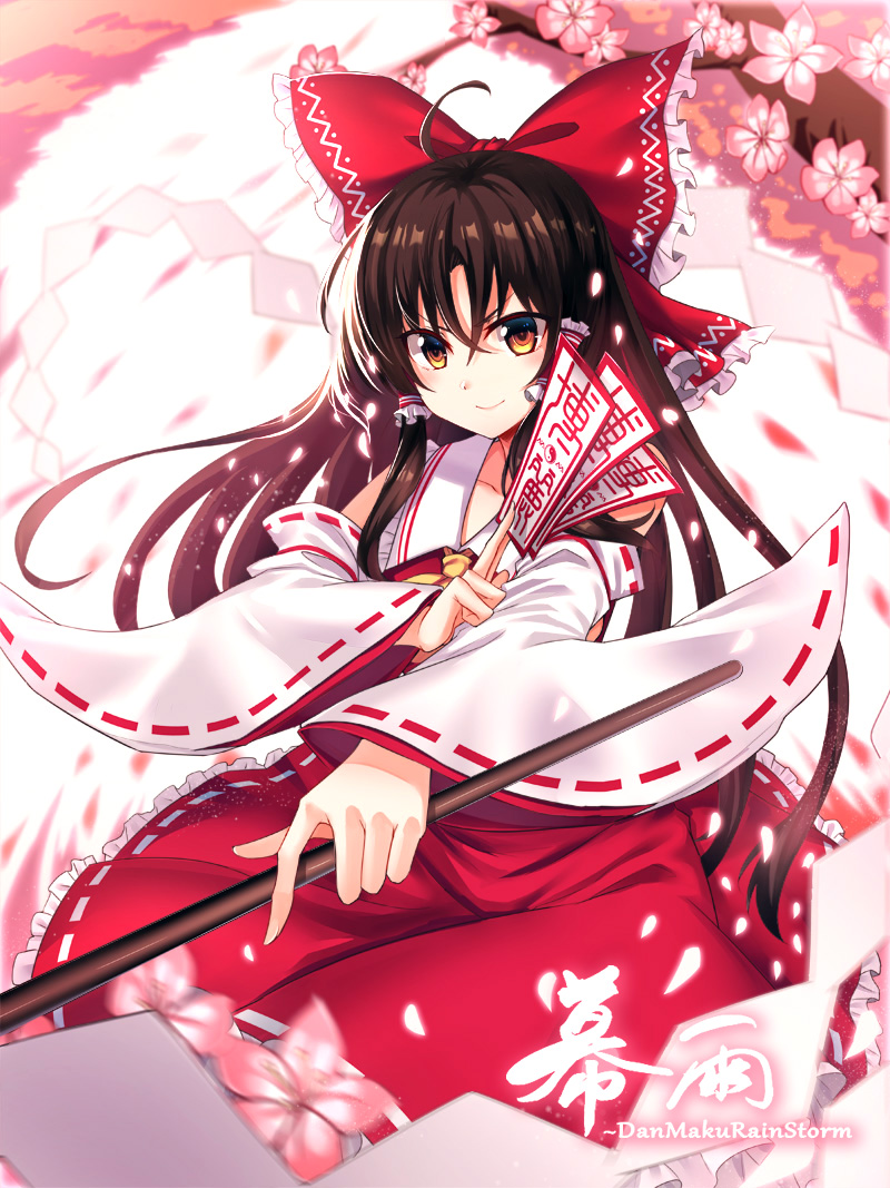 1girl ahoge ascot bangs bare_shoulders black_hair bow branch brown_eyes cherry_blossoms chinese_commentary collarbone commentary_request cowboy_shot detached_sleeves frilled_bow frills gohei hair_between_eyes hair_bow hair_tubes hakurei_reimu holding koissa long_hair long_sleeves looking_at_viewer ofuda partial_commentary petals petticoat red_bow red_skirt ribbon-trimmed_skirt ribbon-trimmed_sleeves ribbon_trim rose_petals sidelocks skirt skirt_set smile solo touhou v-shaped_eyebrows wide_sleeves yellow_neckwear