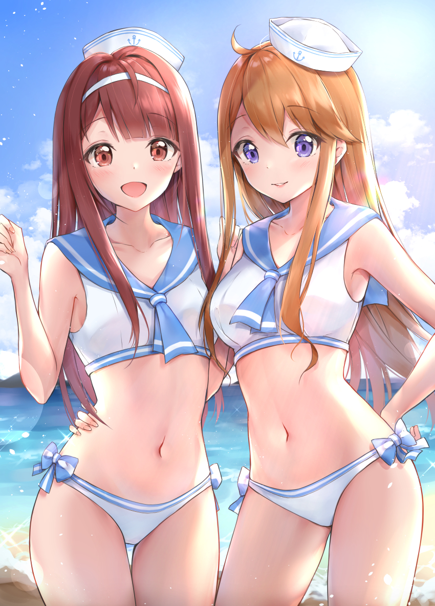2girls :d ahoge armpits bare_arms bare_shoulders beach bikini blue_sailor_collar blue_sky breasts brown_hair check_commentary clouds collarbone commentary_request cowboy_shot cuna_(qunya) day hairband hand_on_hip hand_up hat idolmaster idolmaster_million_live! long_hair looking_at_viewer medium_breasts multiple_girls navel ocean open_mouth parted_lips red_eyes redhead sailor_bikini sailor_collar sailor_hat sailor_swimsuit_(idolmaster) side-by-side side-tie_bikini sidelocks sky smile stomach sunlight swimsuit tanaka_kotoha tokoro_megumi violet_eyes water white_bikini white_headwear