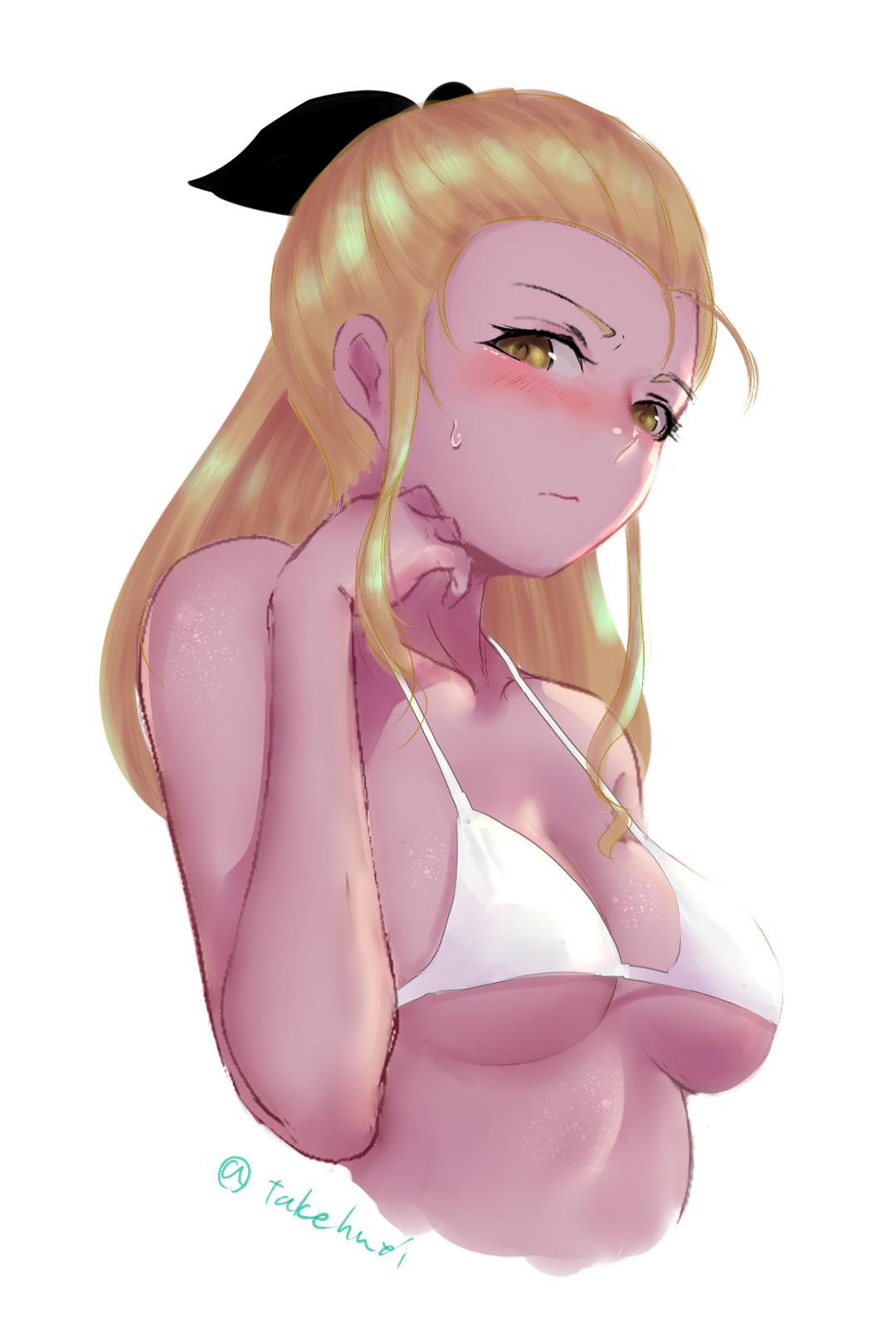 1girl assam bikini black_ribbon blonde_hair blue_eyes blush breasts closed_mouth commentary cropped_torso frown girls_und_panzer hair_pulled_back hair_ribbon half-closed_eyes highres long_hair looking_at_viewer medium_breasts ribbon simple_background solo sweatdrop swimsuit takefu_jiin twitter_username upper_body wet white_background white_bikini