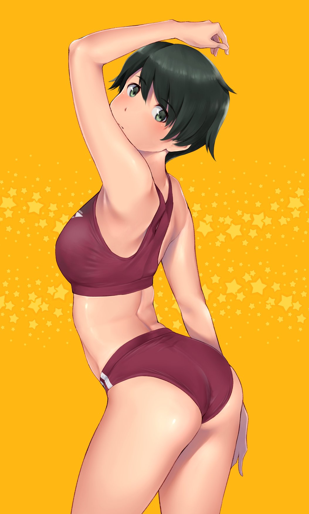 1girl alternate_costume arched_back arm_up armpits ass bangs blush breasts closed_mouth cowboy_shot crop_top eyebrows_visible_through_hair from_side green_eyes green_hair highres kantai_collection looking_at_viewer looking_to_the_side medium_breasts mogami_(kantai_collection) orange_background purple_buruma short_hair solo star starry_background thighs wa_(genryusui)