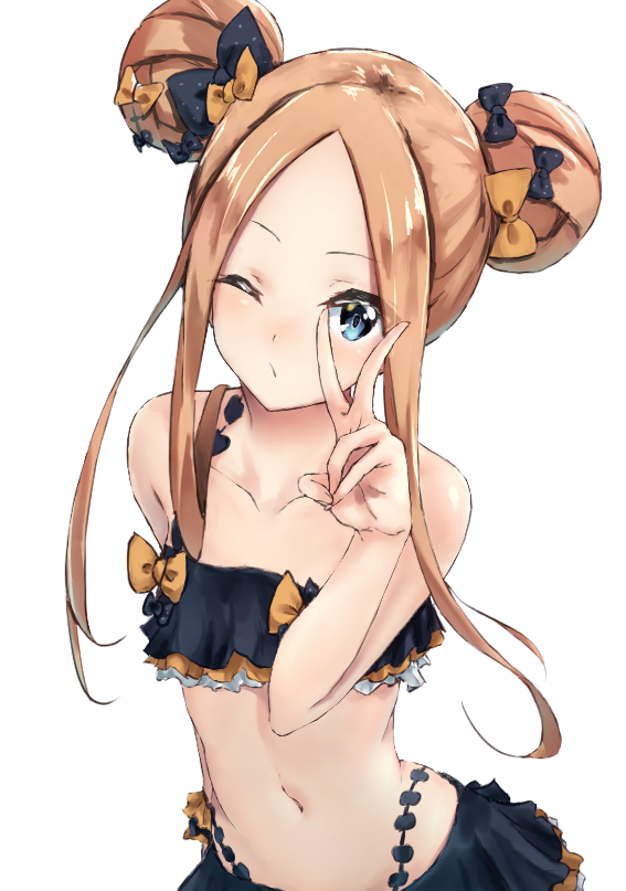 1girl abigail_williams_(fate/grand_order) bangs bare_shoulders bikini black_bikini black_bow blonde_hair blue_eyes blush bow breasts collarbone double_bun emerald_float fate/grand_order fate_(series) forehead frilled_bikini frills hair_bow hand_gesture long_hair looking_at_viewer mayume_(polaris_quaver) miniskirt navel one_eye_closed open_mouth orange_bow parted_bangs polka_dot polka_dot_bow simple_background skirt small_breasts solo swimsuit v white_background