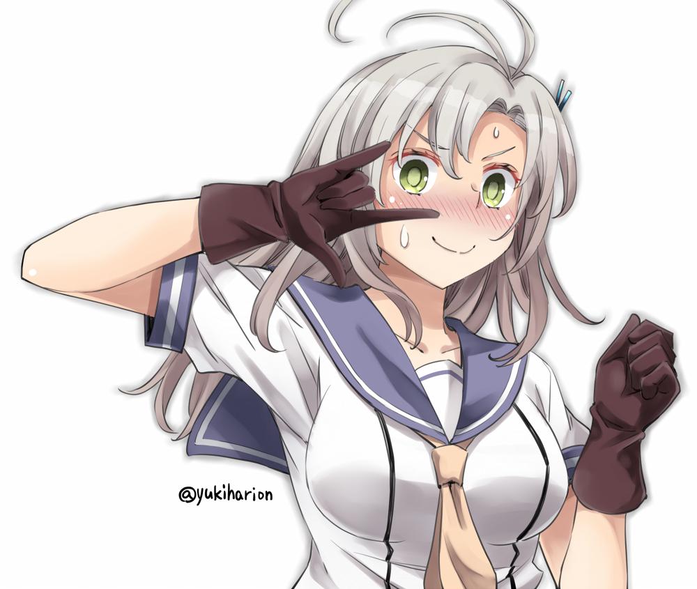 1girl \m/ antenna_hair black_gloves breasts collarbone commentary_request embarrassed gloves green_eyes grey_hair hair_tie kantai_collection kinugasa_(kantai_collection) looking_at_viewer medium_breasts necktie one_side_up pose purple_sailor_collar remodel_(kantai_collection) sailor_collar school_uniform serafuku simple_background solo upper_body white_background yellow_neckwear yukiharu