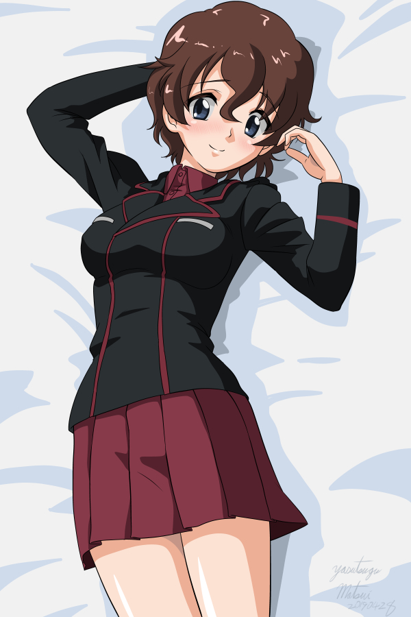 1girl akaboshi_koume arm_behind_head arms_up artist_name bangs bed_sheet black_jacket blue_eyes blush brown_hair closed_mouth commentary_request dated dress_shirt eyebrows_visible_through_hair girls_und_panzer head_tilt jacket kuromorimine_military_uniform long_sleeves looking_at_viewer lying matsui_yasutsugu military military_uniform miniskirt on_back on_bed partial_commentary pleated_skirt red_shirt red_skirt shirt short_hair signature skirt smile solo uniform wavy_hair wing_collar
