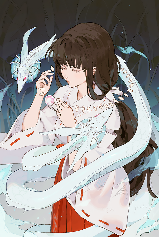 1girl bangs black_hair closed_eyes demon floating gem holding inuyasha japanese_clothes jewelry jiayue_wu kikyou_(inuyasha) long_hair long_sleeves necklace pink_lips red_eyes solo standing tied_hair