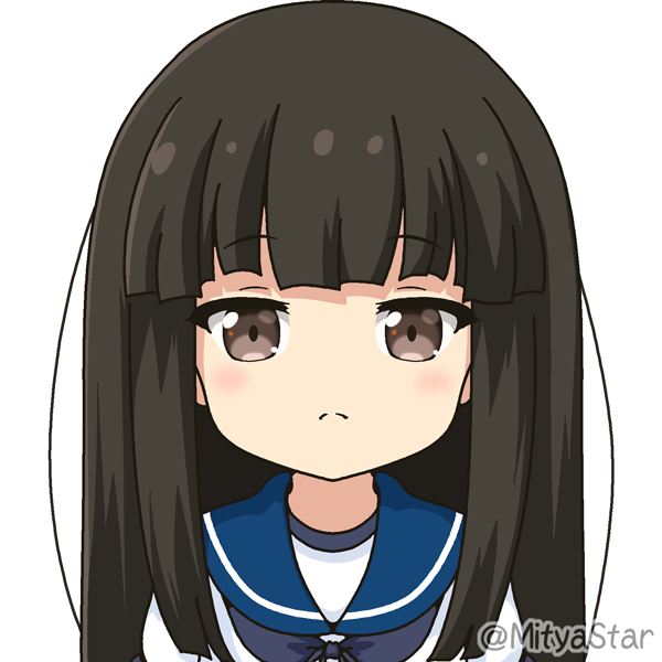 1girl bangs black_hair blue_sailor_collar blush brown_eyes closed_mouth commentary_request eyebrows_visible_through_hair hatsuyuki_(kantai_collection) kantai_collection light_frown long_hair looking_at_viewer miicha purple_neckwear sailor_collar school_uniform serafuku shirt simple_background solo twitter_username upper_body white_background white_shirt