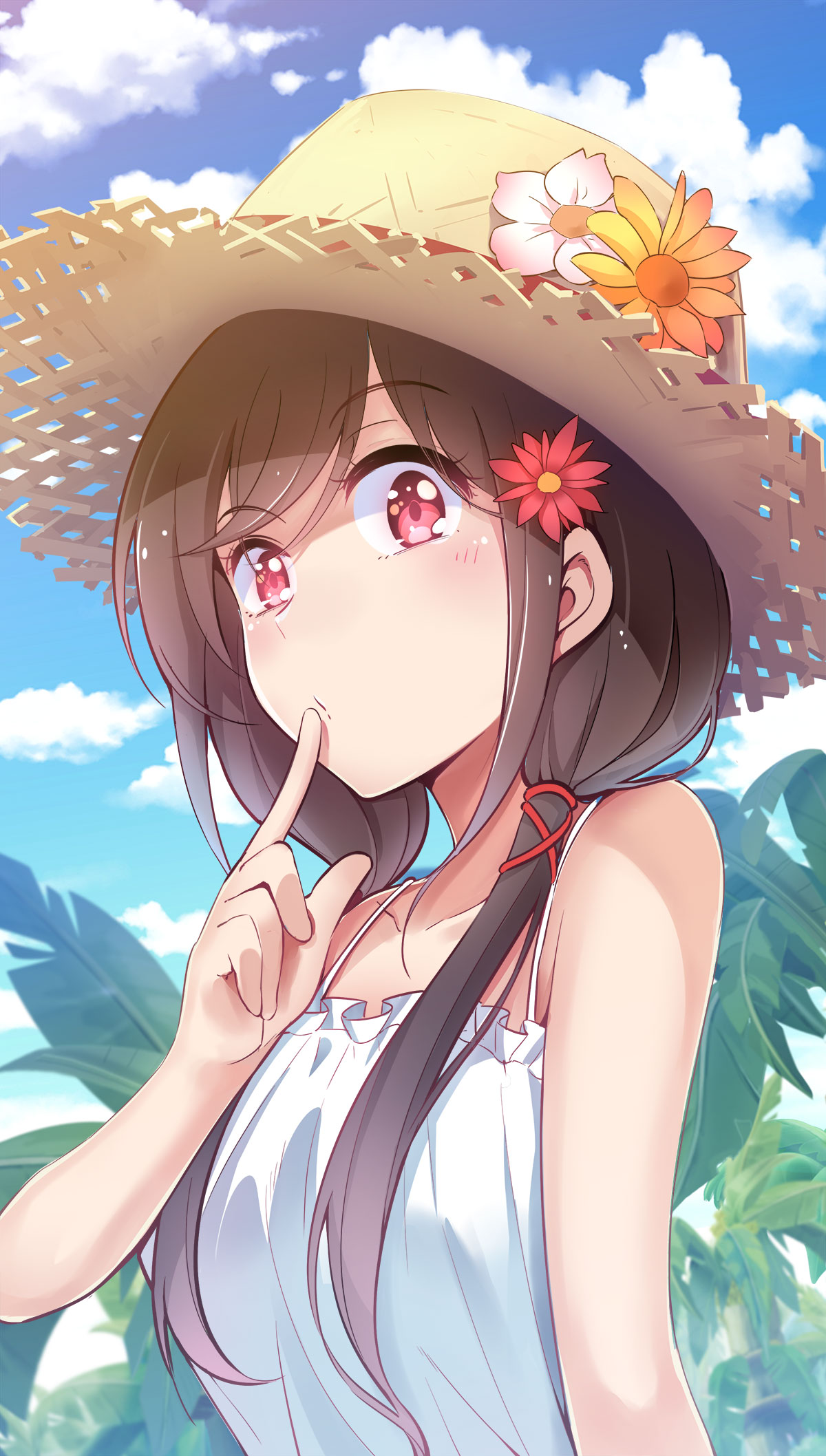 1girl bangs bare_shoulders black_hair character_request chinese_commentary clouds copyright_request day dress eyebrows_visible_through_hair finger_to_mouth flower frilled_dress frills hair_flower hair_ornament hair_over_shoulder hat hat_flower highres hirakuneko index_finger_raised looking_at_viewer low_twintails outdoors red_eyes solo straw_hat sun_hat sundress swept_bangs twintails upper_body white_dress