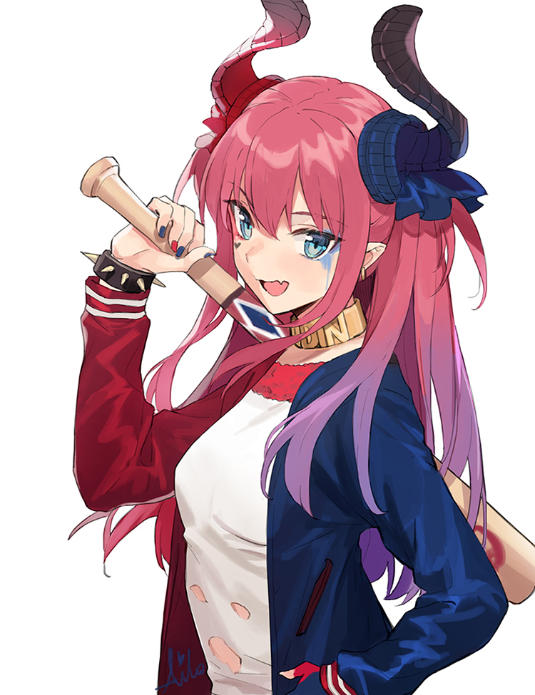 1girl :d aiko_(kanl) bangs baseball_bat blue_bow blue_eyes blue_nails bow bracelet breasts collar cosplay dragon_horns earrings elizabeth_bathory_(fate) elizabeth_bathory_(fate)_(all) facial_mark fang fate/extra fate/extra_ccc fate_(series) gradient_hair hair_between_eyes hair_bow hand_on_hip hand_up harley_quinn harley_quinn_(cosplay) heart holding_baseball_bat horns jacket jewelry long_hair long_sleeves looking_at_viewer makeup medium_breasts multicolored multicolored_clothes multicolored_hair multicolored_horns multicolored_jacket multicolored_nails nail_polish one_side_up open_clothes open_jacket open_mouth pink_hair purple_hair red_bow red_nails shirt sidelocks signature simple_background smile solo spiked_bracelet spikes suicide_squad torn_clothes upper_body white_background white_shirt