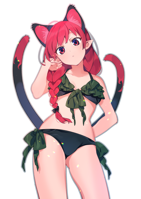 1girl akagashi_hagane alternate_hairstyle animal_ear_fluff animal_ears bangs bare_arms bare_shoulders bikini braid cat_ears collarbone commentary_request cowboy_shot frilled_bikini frills front-tie_bikini front-tie_top green_bikini hand_in_hair hand_on_hip hand_up head_tilt kaenbyou_rin light_particles long_hair looking_at_viewer multiple_tails navel nekomata pointy_ears red_eyes redhead side-tie_bikini simple_background solo standing stomach swimsuit tail thighs touhou two_tails white_background