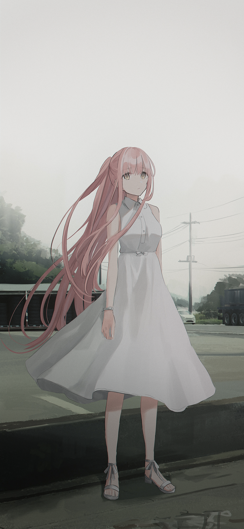 1girl bangs bare_arms bare_shoulders breasts brown_eyes car chihuri closed_mouth clouds cloudy_sky collared_dress dress eyebrows_visible_through_hair ground_vehicle hair_between_eyes highres long_hair motor_vehicle original outdoors overcast pink_hair ponytail power_lines sandals sky sleeveless sleeveless_dress small_breasts solo standing telephone_pole truck very_long_hair white_dress white_footwear yana_(chihuri)