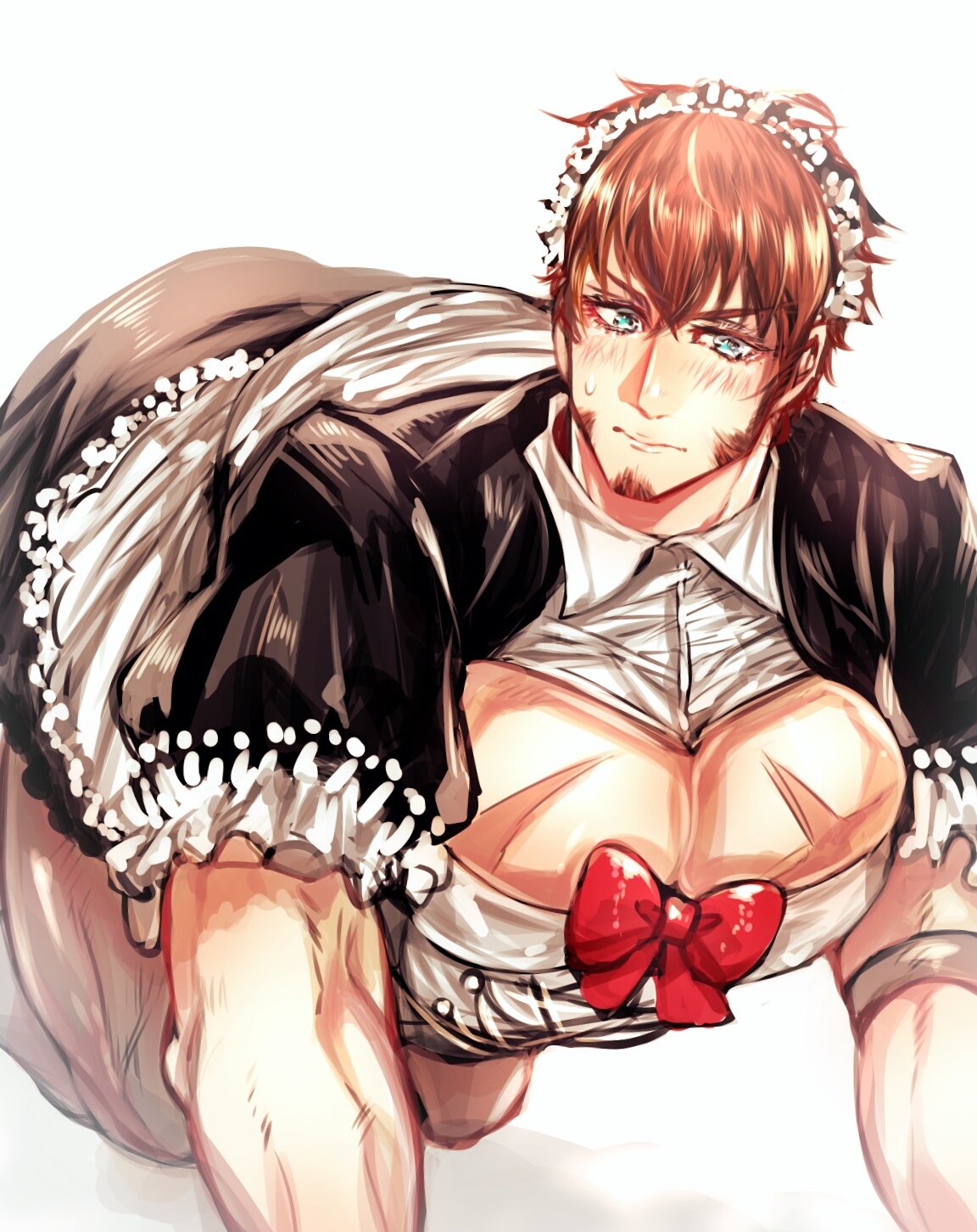 1boy beard blue_eyes blush brown_hair chest facial_hair fate/grand_order fate_(series) highres long_sleeves maid_dress male_focus muscle napoleon_bonaparte_(fate/grand_order) pectorals scar seiza short_sleeves simple_background sitting solo tiara white_background zuman_(zmnjo1440)