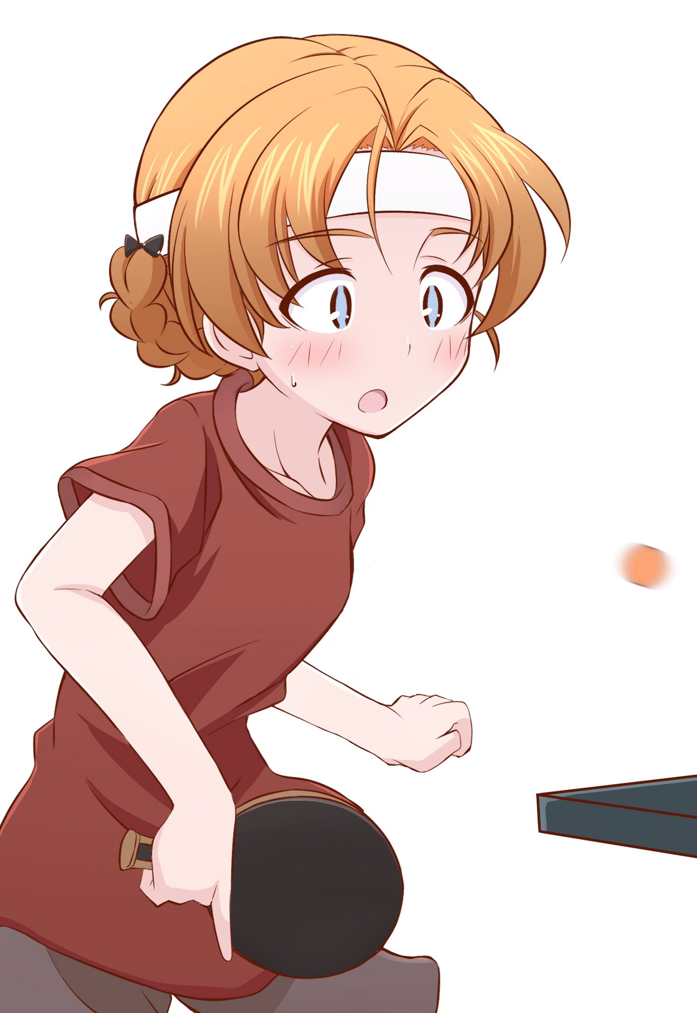 1girl ball bangs blue_eyes braid eyebrows_visible_through_hair girls_und_panzer hadzuki_haru highres open_mouth orange_hair orange_pekoe paddle parted_bangs shirt short_hair simple_background solo sweat t-shirt table_tennis table_tennis_ball table_tennis_paddle twin_braids white_background