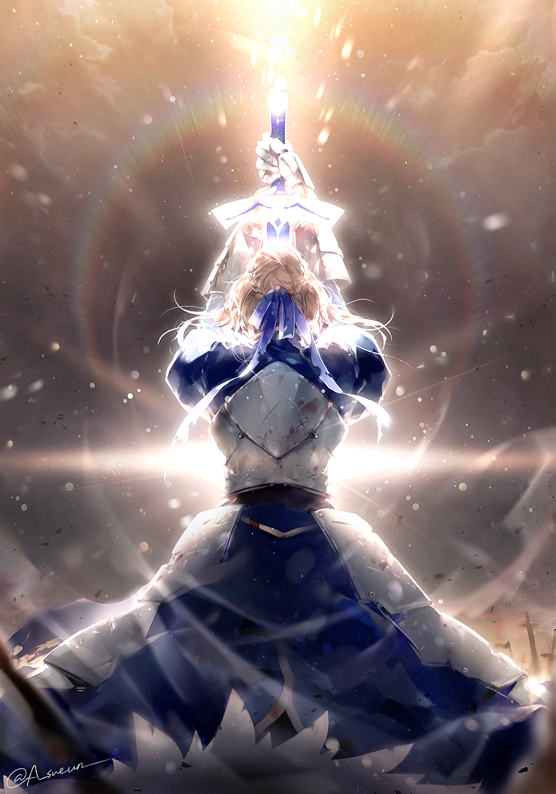 1girl armor armored_dress arms_up artoria_pendragon_(all) blonde_hair blood blue_dress blue_ribbon clouds cloudy_sky commentary_request dress excalibur facing_away fate/stay_night fate_(series) gauntlets glowing glowing_sword glowing_weapon h_sueun hair_bun hair_ribbon holding holding_sword holding_weapon lens_flare outdoors planted_sword planted_weapon ribbon saber sky solo sword twitter_username weapon wind