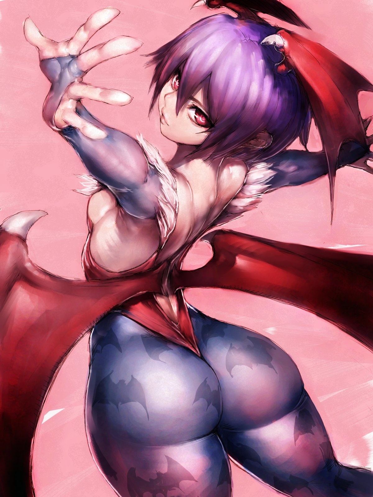 1girl animal_print ass bare_back bat_print breasts bridal_gauntlets commentary_request elbow_gloves from_behind fumio_(rsqkr) gloves head_wings highres light_smile lilith_aensland looking_at_viewer low_wings parted_lips pink_background purple_gloves purple_hair red_eyes short_hair sideboob simple_background small_breasts solo thick_thighs thighs vampire_(game) vampire_savior:_the_lord_of_vampire wings